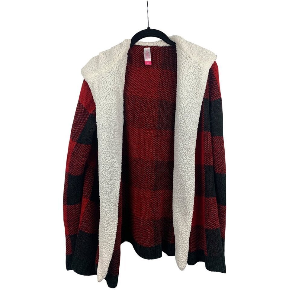 No Boundaries Red Plaid Hooded Cardigan M With Sherpa Lining